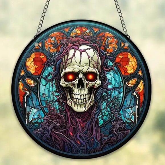 Skull Suncatcher Halloween 6" Scary Spooky Horror Hanging Skeleton In/Outdoor - Picture 1 of 4